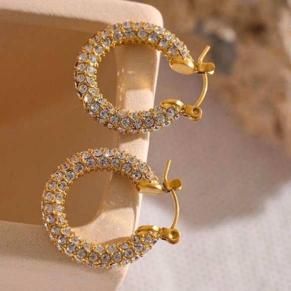 Medium Zircon Chunky Hoop 18K Gold Plated Stainless Steel Earrings - Picture 5 of 12